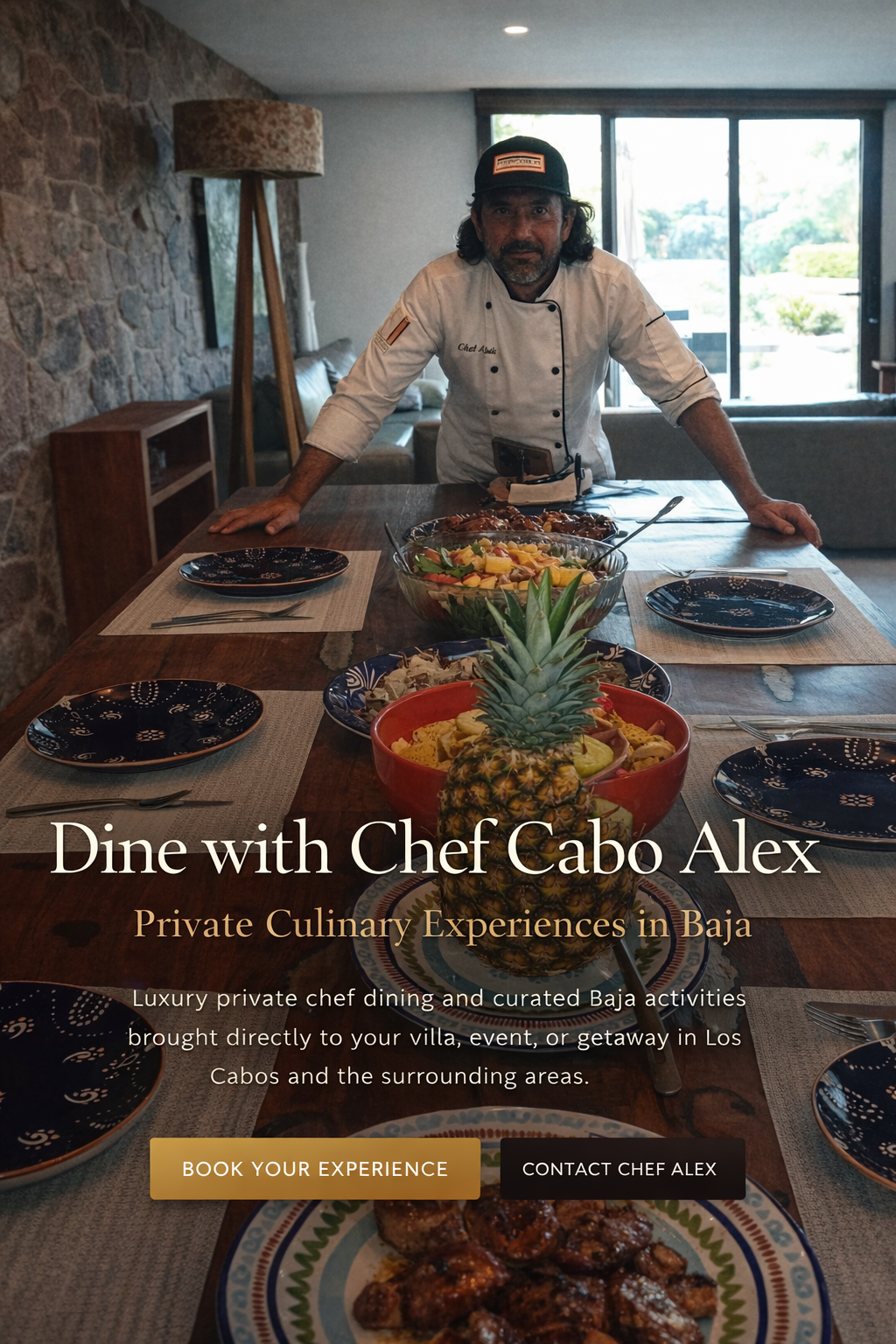 Chef Cabo Alex presenting a beautifully set private villa dinner table